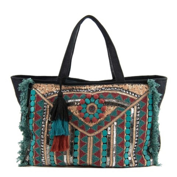 Circus NY | Turquoise & Black Pom-Pom Beaded Jordynn Tote - Picture 2 of 5